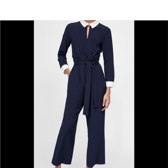 NEW Zara Woman navy wide leg belted jumpsuit - Picture 10 of 11